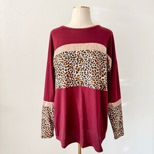 New SUNSHINE & RODEOS Maroon Long Sleeve Sequins + Leopard Tee Women's sz Medium